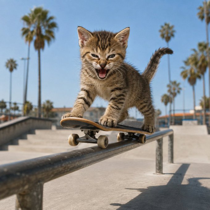 An angry-looking tabby kitten stands on a skateboard atop a metal rail at a sunny skate park surrounded by palm trees.
