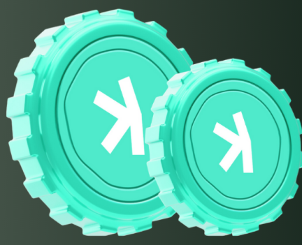 A 3D rendering of two teal-colored, gear-shaped tokens with a white symbol resembling a "K" or a Kazakhstani tenge sign.