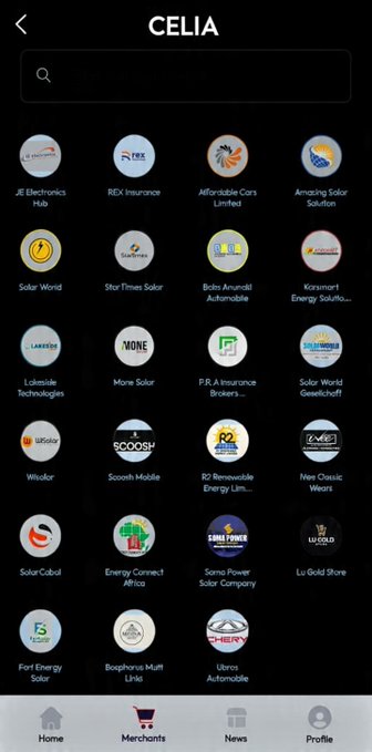 A screenshot of the 'CELIA' app showing a grid of solar and energy company logos including JB Electronics Hub, RDX Insurance, and Solar World.