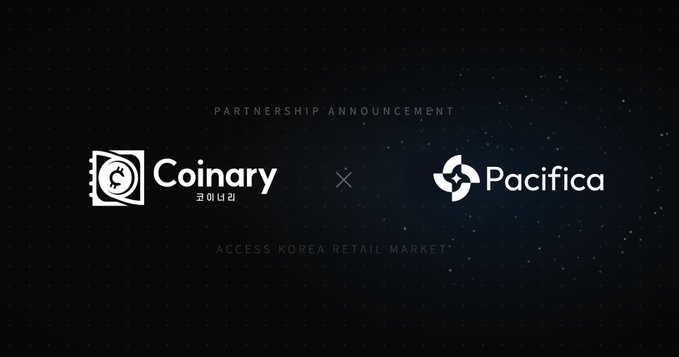 A partnership announcement graphic between 'Coinary' (coinary) and 'Pacifica' with the tagline 'Access Korea Retail Market' displayed against a dark, starry background.