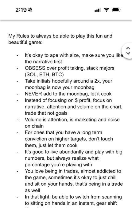 A screenshot of a smartphone displaying a list titled "My Rules to always be able to play this fun and beautiful game," outlining trading guidelines that emphasize profit-taking majors like SOL, ETH, and BTC, holding core positions, and focusing on attention and volume rather than dollar profits—aligning with the post's claim that the author's 2024 memecoin rules remain identical in 2026.
