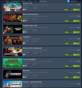 The image shows a Steam store page listing various games on sale with discounts ranging from -66% to -90%, including titles like "War for the Overworld," "Kingdom: New Lands," "Darkwood," and others, tying into the post about taking advantage of Steam Summer Sale deals for the Steam Deck.