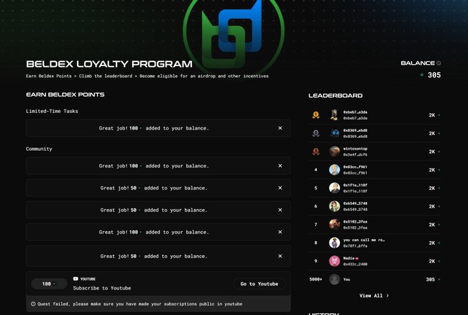 A dark-themed web interface for the 'BELDEX LOYALTY PROGRAM' showing a user balance of 305, options to earn points through limited-time tasks and community engagement, and a leaderboard.