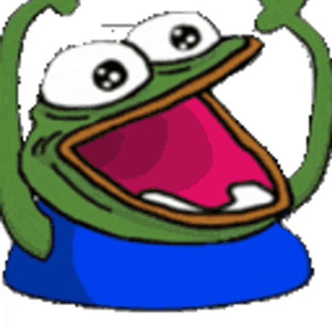 An excited Pepe the Frog meme with arms raised in the air and a wide open mouth.