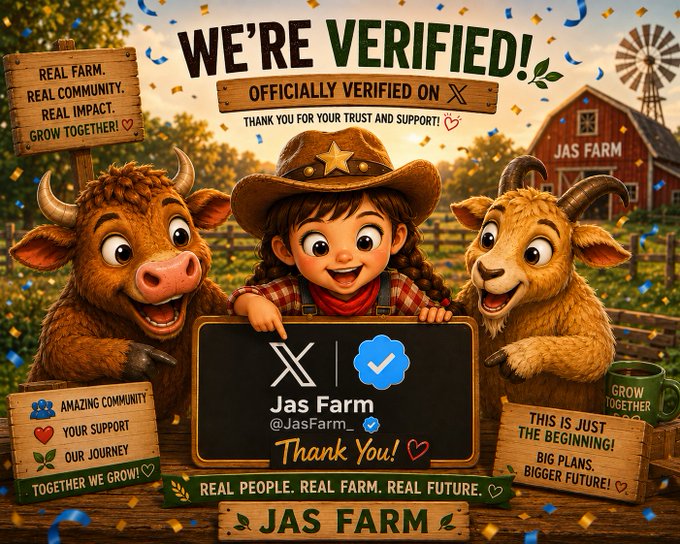 Promotional graphic celebrating 'WE'RE VERIFIED! OFFICIALLY VERIFIED ON X' for 'Jas Farm' (@JasFarm_), featuring an illustrated girl in a cowboy hat with cows, and text including 'REAL FARM. REAL COMMUNITY. REAL IMPACT. GROW TOGETHER!'
