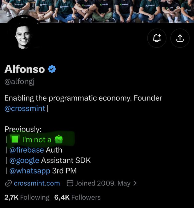 A Twitter/X profile for 'Alfonso' (@alfongj), Founder of @crossmint, with the bio 'Enabling the programmatic economy' and previous roles including @firebase Auth, @google Assistant SDK, and @whatsapp.