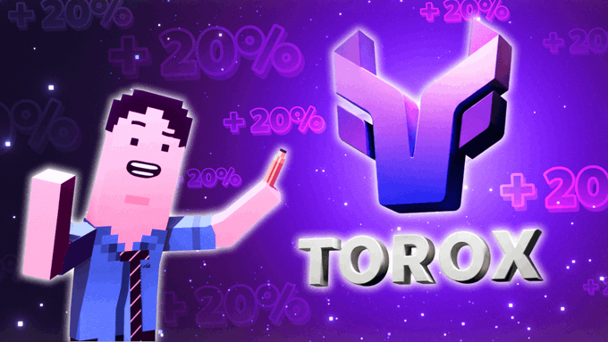 A pixelated character in a blue shirt holds a glowing item beside a large "TOROX" logo and stylized "V" emblem, all set against a purple starry background filled with repeating "+20%" text to highlight the platform's boosted rewards promotion.
