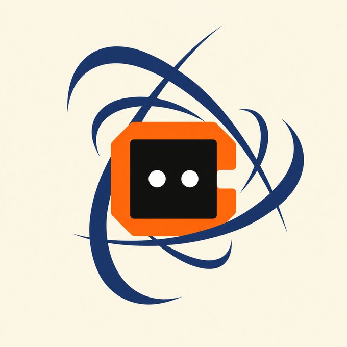 A logo featuring a black square with two white dot eyes, set inside an orange frame, surrounded by swirling dark blue abstract lines on a cream background.