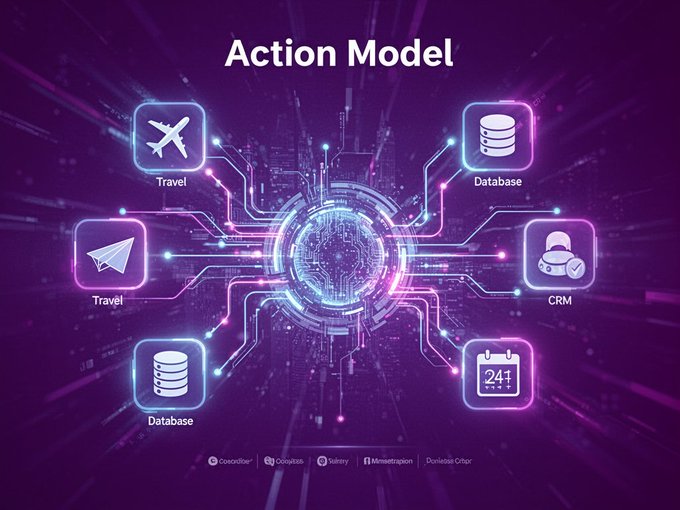 Infographic titled 'Action Model' displaying a glowing circuit board with icons for Travel, Database, CRM, and calendar functions.