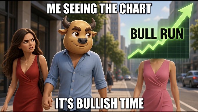 A meme showing a person wearing a bull mask between two women, with text reading 'ME SEEING THE CHART' and 'IT'S BULLISH TIME' alongside a 'BULL RUN' chart graphic.