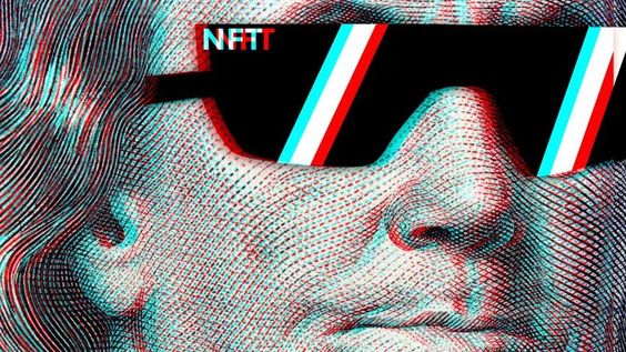 A stylized red and cyan 3D anaglyph image shows a classical sculpted face wearing black sunglasses with diagonal cyan and red stripes, and "NFT" written in white letters on the upper left corner.
