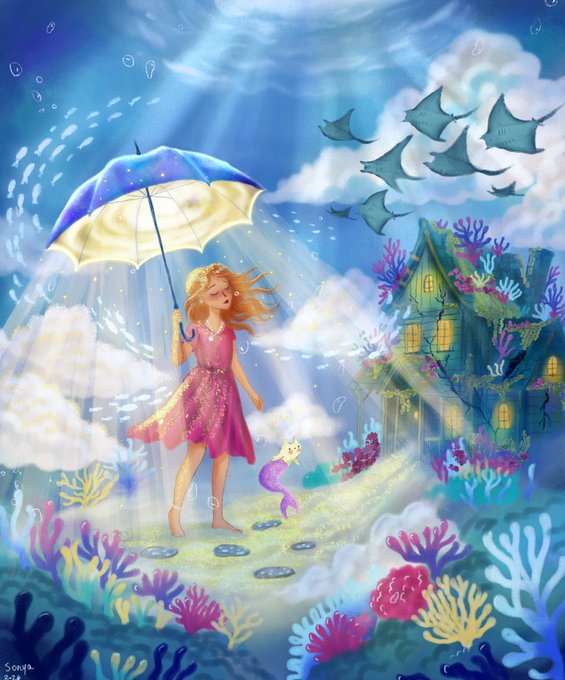 A fantasy illustration shows a girl holding an umbrella underwater, surrounded by colorful coral reefs, a mermaid, fish, and a sunken house, with rays of light piercing the surface.