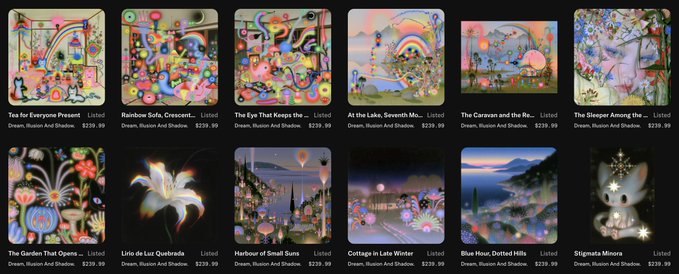 A gallery of colorful DreamStudio AI-generated artworks displayed in a grid, including titles such as 'Tea for Everyone Present', 'Rainbow Sofa, Crescent...', 'The Eye That Keeps the...', 'At the Lake, Seventh Mo...', 'The Caravan and the Re...', 'The Sleeper Among the...', 'The Garden That Opens...', 'Lirio de Luz Quebrada', 'Harbour of Small Suns', 'Cottage in Late Winter', 'Blue Hour, Dotted Hills', and 'Stigmata Minora', with prices ranging from $239.99 to $239.99.