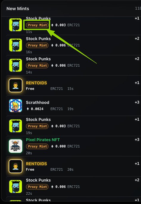 The image shows a "New Mints" feed listing recent NFT mint transactions, with "Stock Punks" and "Pixel Pirates NFT" transactions labeled as "Proxy Mint" with costs ranging from 0.003 to 0.006 ERC721, while "RENTOIDS" mints are marked as "Free." A green arrow highlights the "Proxy Mint" tag on the first Stock Punks entry, illustrating MintGo's new Mint Source Identification feature that distinguishes third-party proxy mints from direct project airdrops.
