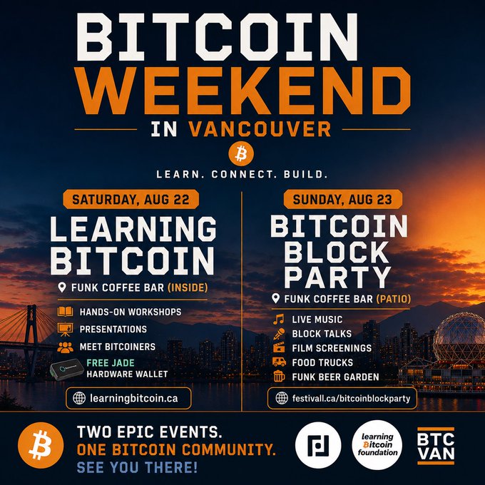 Event poster for 'BITCOIN WEEKEND IN VANCOUVER' on Aug 22-23, advertising 'Learning Bitcoin' and 'Bitcoin Block Party' at Funk Coffee Bar with workshops, live music, and a free Jade hardware wallet, branded with Learning Bitcoin Foundation and BTC VAN.