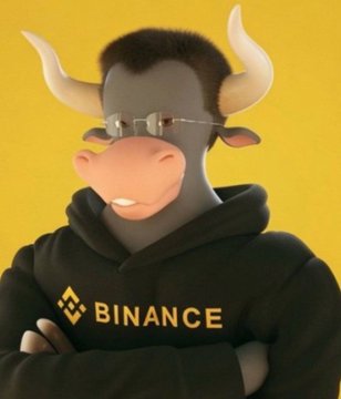 A 3D-rendered bull wearing glasses and a black hoodie featuring the Binance logo stands confidently with arms crossed against a yellow background. The image visually represents the "bull" mentioned in the post, playfully tying CZ (Binance's founder) to the bull mascot and asking the community to choose between him and crypto influencer Ansem.