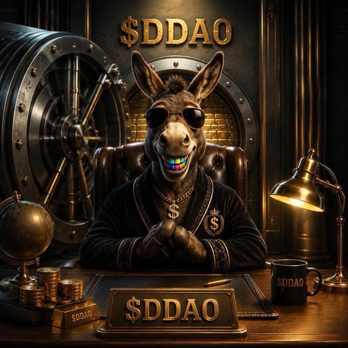 A digitally created image of a donkey wearing sunglasses and a gold chain, sitting in a luxurious office with a vault behind it, with '$DDAO' displayed prominently above and on a desk nameplate.