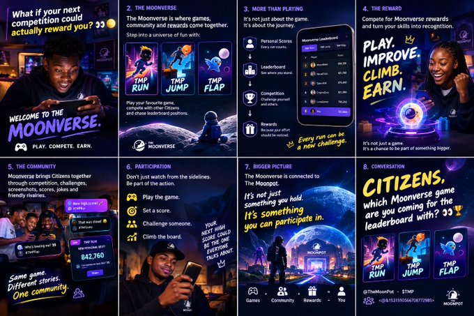 A promotional carousel for "The Moonverse" by @TheMoonPot ($TMP), featuring eight panels with gameplay imagery, a leaderboard screenshot, and taglines like "PLAY. IMPROVE. CLIMB. EARN." and "Every game can be a new challenge," highlighting features such as personal scores, community competitions, and rewards. The imagery and messaging align with the post's call for players to actively participate, compete on the leaderboard, and earn recognition within the Moonverse gaming ecosystem.