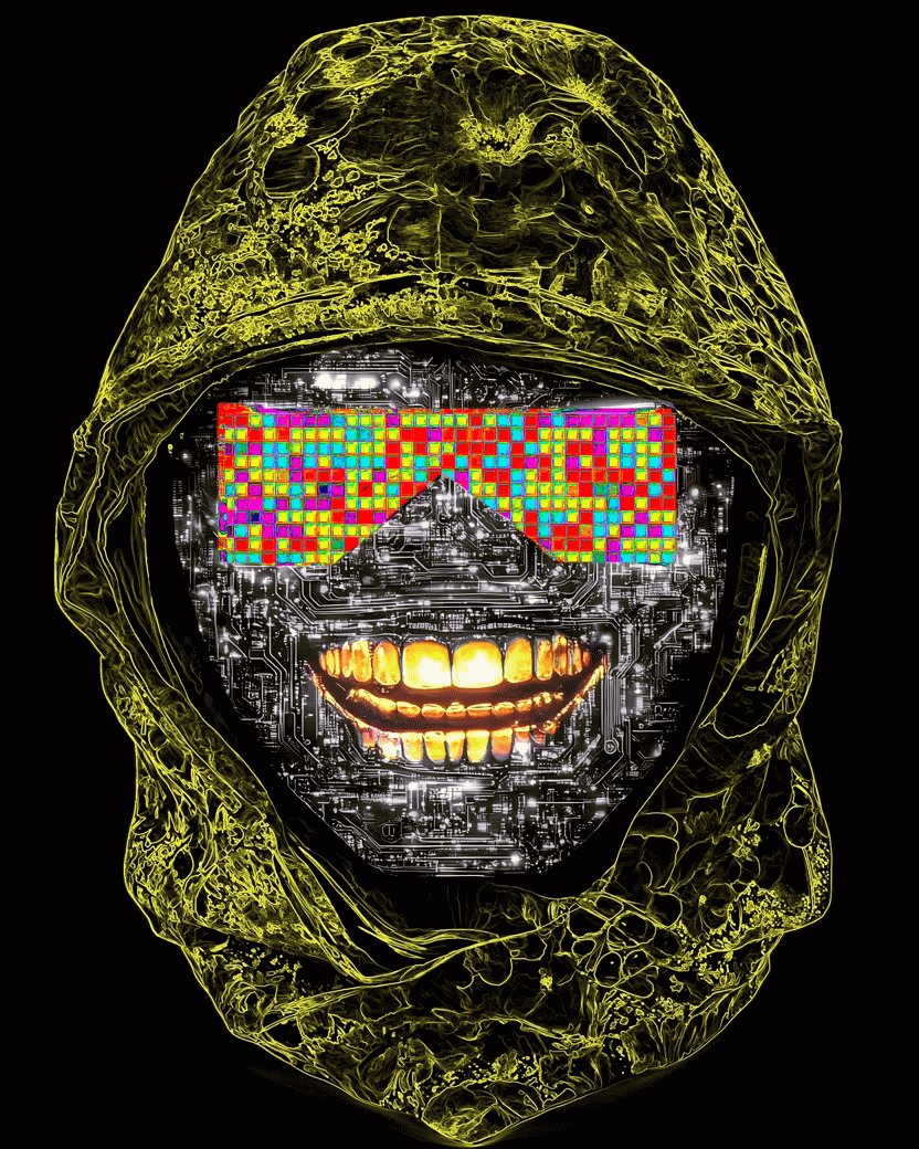 The image features a face with a hooded scarf, goggles, and a mask-like appearance that gives it an avant-garde look. The person's face has a multitude of colors and patterns, making them appear as if they are wearing a neon or futuristic outfit. The caption "Avasome" suggests the image is related to a post about avatars or digital art, possibly discussing the concept of creating unique and imaginative characters through digital media.