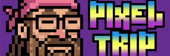 Pixel art style logo/illustration featuring a bearded character with glasses next to the text 'PIXEL TRIP' in gradient colors.