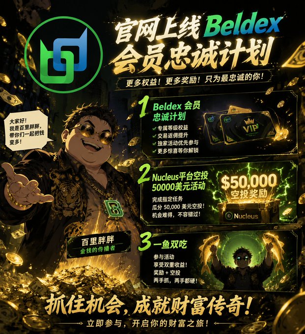 A gold-themed promotional graphic in Chinese for Beldex featuring a cartoon character, advertising a membership loyalty program, a $50,000 airdrop on the Nucleus platform, and other rewards.