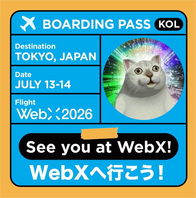 A digital boarding pass graphic for 'WebX 2026' heading to Tokyo, Japan on July 13-14, featuring a surprised white cat on a colorful background.