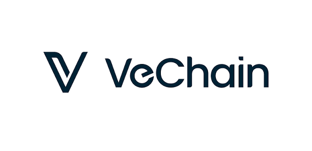 VeChain logo displayed in dark blue text with a stylized V emblem on a white background.