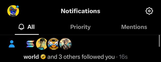 Twitter/X notifications screen showing 'world and 3 others followed you · 16s' with tabs for All, Priority, and Mentions.