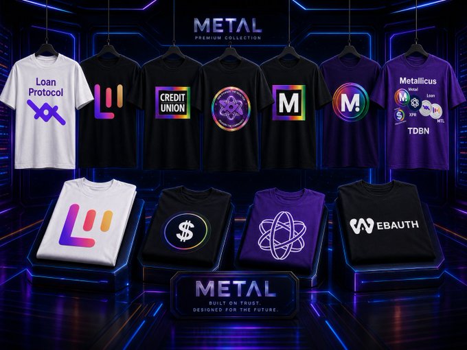 The image features a collection of t-shirts hanging from hooks against a dark blue background with neon lights. The t-shirts are displayed for sale, showcasing various designs including metallic elements such as stars or circles. The text "Metallicus" is visible in one of the descriptions provided by the seller. The post also mentions that these t-shirts were designed and created by the company EBAUTH.