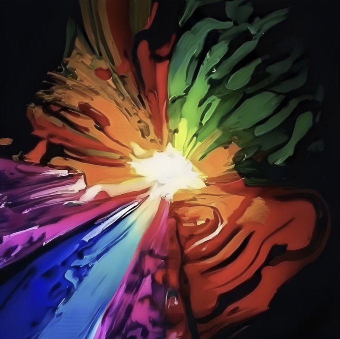 An abstract digital image featuring a swirling burst of multicolored, leaf-like shapes radiating from a bright white center against a black background.