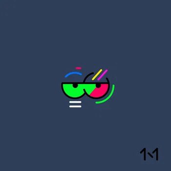A minimalist logo featuring stylized sunglasses with colorful paint drips above white lines, set against a dark blue background with a small '1M' in the corner.