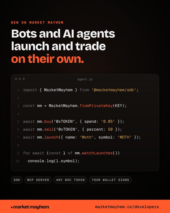 Promotional image for 'Market Mayhem' featuring code snippet text stating 'Bots and AI agents launch and trade on their own,' highlighting SDK, MCP Server, Any BSC Token, and Your Wallet Signs features at marketmayhem.co/developers.