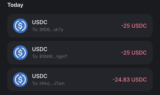 A dark-themed transaction history displays three USDC outgoing payments of -25, -25, and -24.83 USDC sent to truncated addresses beginning with 9fD6, B5NW, and HHwj, today, illustrating the $25 wallet giveaways mentioned in the accompanying post.
