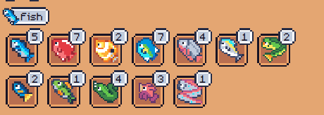 A pixel-art inventory screen labeled 'Fish' displays various colored fish in boxes, each with a small number indicating its value or quantity.
