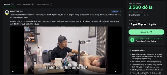 A Vietnamese social media post showing a video thumbnail of a content creator "likea877769" discussing "Bo việc" (quitting work) to pursue content creation and crypto (Pump), with a live stream titled "3.560 đô la" showing 9 hours 38 minutes elapsed.