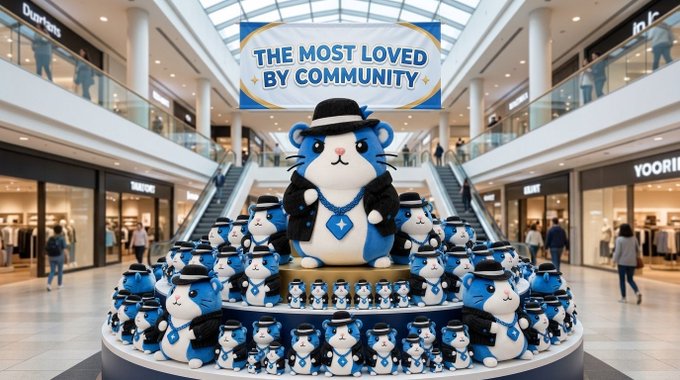 The image features a large display of hamsters, with at least 14 hamsters visible. The hamsters are dressed up in hats and costumes, making them look like they're part of a performance or show. They are arranged in various positions around the room, creating an eye-catching scene that captures attention. The post about the most loved by community is related to this display as it highlights how these hamsters have become a symbol of togetherness and unity within their community.