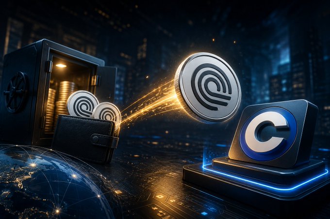 A digital illustration depicts a vault overflowing with tokens being transferred via a glowing stream into a glowing "C" Coinbase logo block, visually representing the movement of 26.05 million $ONDO tokens (~$9.79 million) from an Ondo Finance team wallet to the Coinbase exchange.
