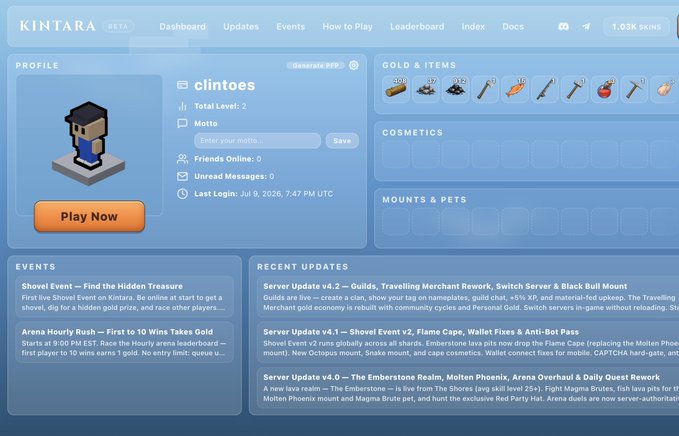 A user profile page from a game called 'KINTARA BETA' for the user 'clintoes' with a total level of 2, showing a pixelated character avatar, inventory slots for Gold & Items, Cosmetics, Mounts & Pets, and sections for Events and Recent Updates.