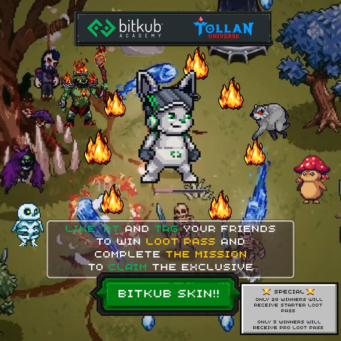 A pixel art game promotional image for 'bitkub Academy' and 'TOLLAN UNIVERSE' offering a 'BITKUB SKIN' loot pass.