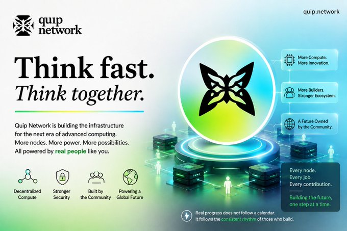 Marketing material for 'Quip Network' with the tagline 'Think fast. Think together.', promoting decentralized compute infrastructure powered by community contributions.