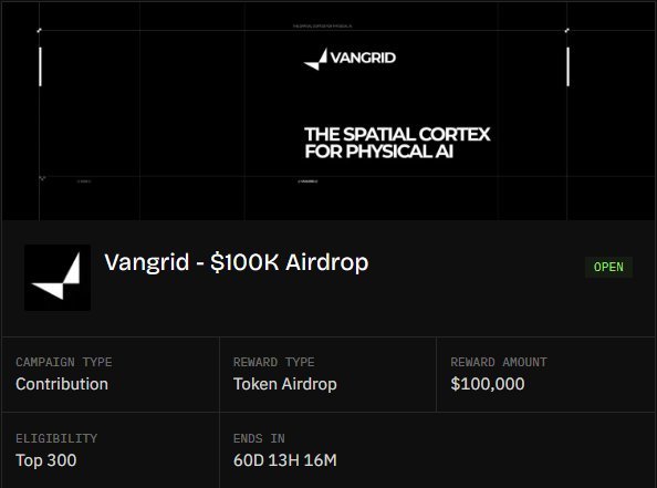 A dark promotional graphic for "VANGRID - THE SPATIAL CORTEX FOR PHYSICAL AI" advertising a "$100K Airdrop" with details indicating a Contribution campaign type, Token Airdrop reward, eligibility for Top 300, and 60D 13H 16M remaining.