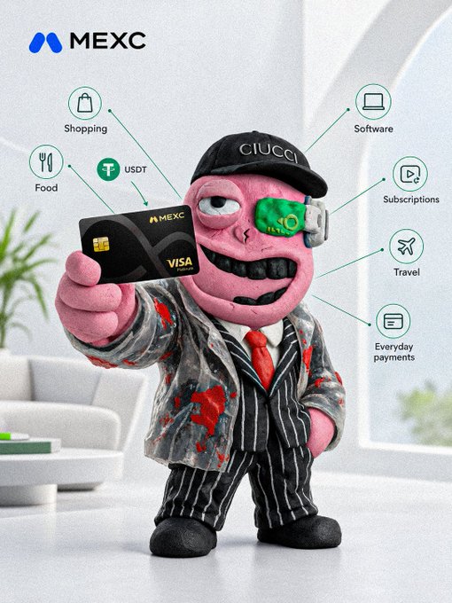 A promotional advertisement for MEXC featuring a 3D claymation-style character wearing a black 'CIUCCI' cap and a paint-stained suit, holding out a MEXC Visa card surrounded by icons for Shopping, Food, USDT, Software, Subscriptions, Travel, and Everyday payments.
