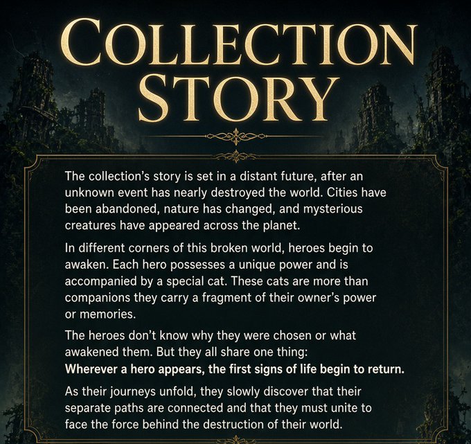 A 'COLLECTION STORY' text panel set against a dark, ruined city background, explaining a future world where heroes awaken with special cats that carry fragments of their power or memories.