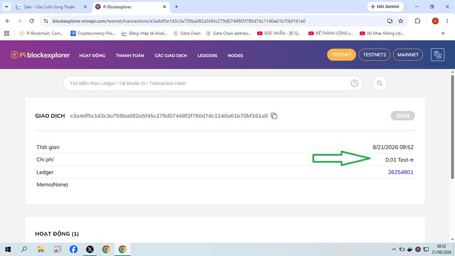 A screenshot of the Pi Blockexplorer on Testnet shows a transaction with an arrow pointing to a fee of 0.01 Test-π.