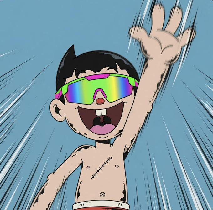 An excited cartoon character with black hair and iridescent rainbow sunglasses reaches one arm upward against a blue background with speed lines, displaying visible stitches on their torso.
