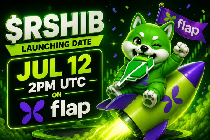 A promotional graphic announces the $RSHIB token launch on July 12 at 2PM UTC on the Flap platform, featuring a green Shiba Inu mascot riding a rocket. The design reinforces the post's message about HoodShib going live with meme-coin flair.