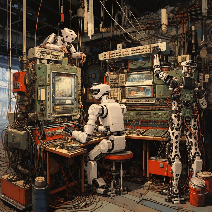 Three robots work in a cluttered, wire-filled workshop testing vintage-looking machines and equipment.

The image relates to the post by depicting robots tinkering with and testing machinery, symbolizing the "machine.fun" team's careful refinement and testing of their reward structure before launch.