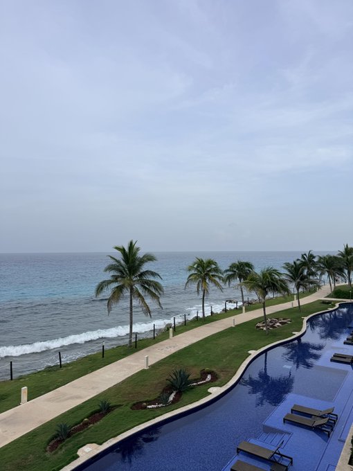 A scenic photograph of an oceanfront resort featuring a winding blue swimming pool lined with lounge chairs, a row of palm trees, a paved walkway, and a calm sea under a hazy sky.