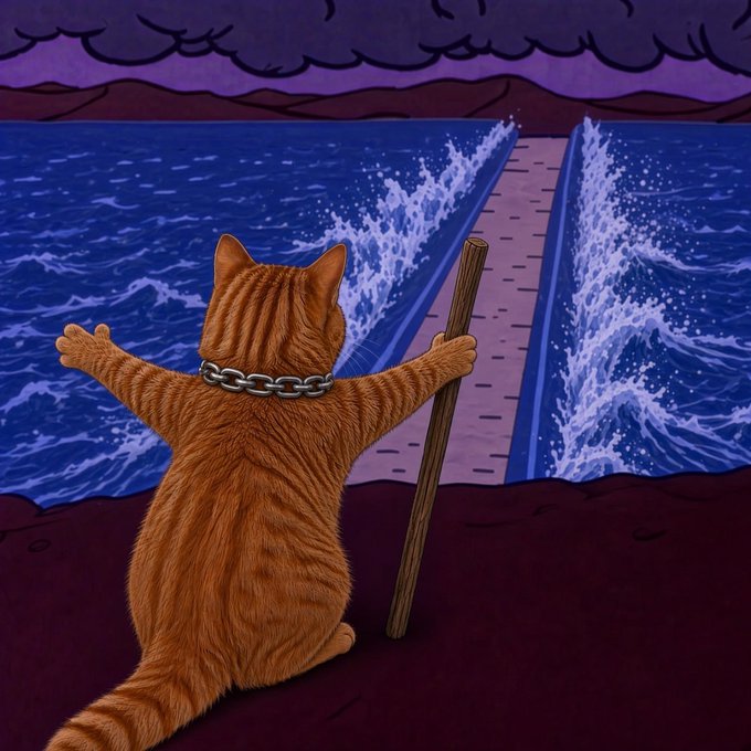 An orange tabby cat with a chain around its neck stands triumphantly on the shore, raising a wooden staff as it commands the parting of a stormy sea to reveal a narrow path forward—a striking visual metaphor for the "Moses parting the Red Sea" lore referenced for $RHUB on $ARB.