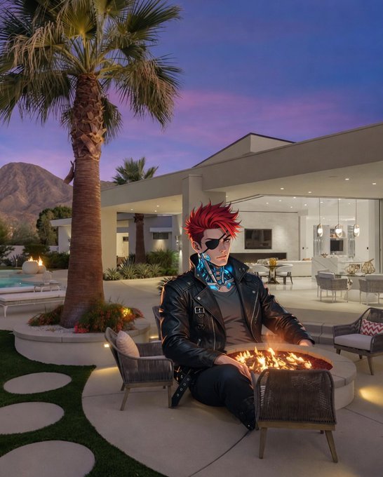 A red-haired anime-style character with cybernetic features and an eyepatch sits by a fire pit in the backyard of a modern luxury home at dusk, with a palm tree and mountains in the background.